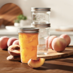 Peach preserves in a jar on a counter Peach preserves in a jar on a counter
