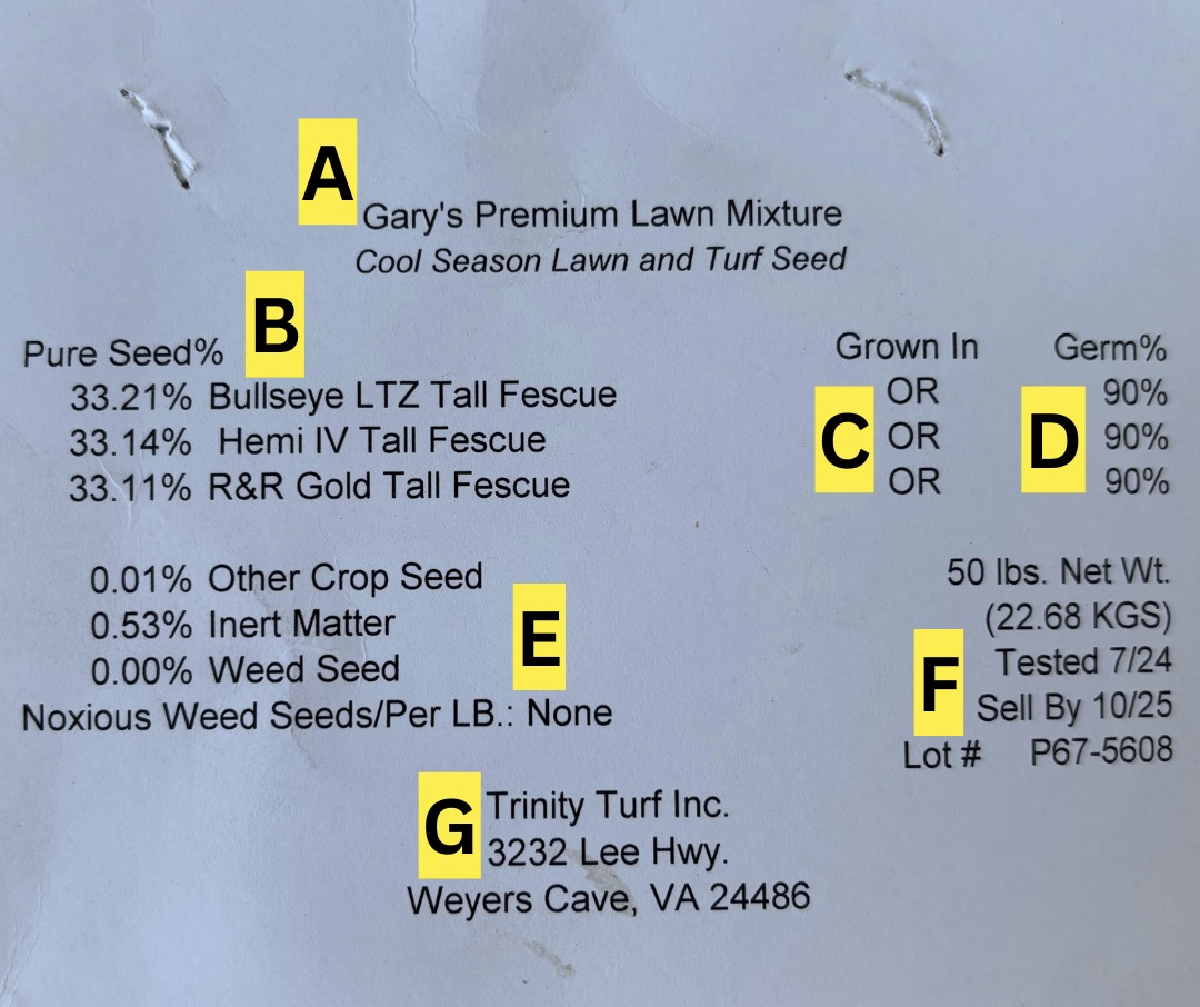 Grass Seed Label example